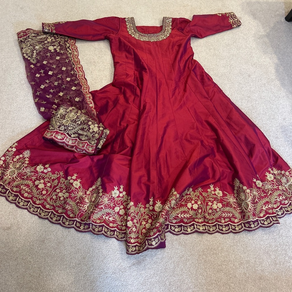 Embroidered Red Anarkali Dress with Gold Accents